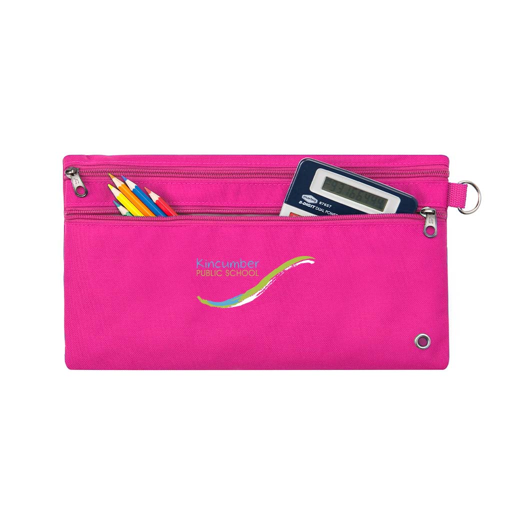 Harlequin pink pencil case front angle displaying two zip compartments and D-ring with Kincumber Public School logo