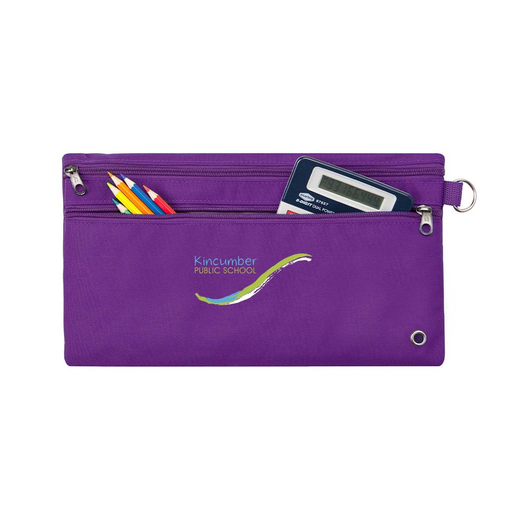 Harlequin purple pencil case front angle displaying two zip compartments and D-ring with Kincumber Public School logo