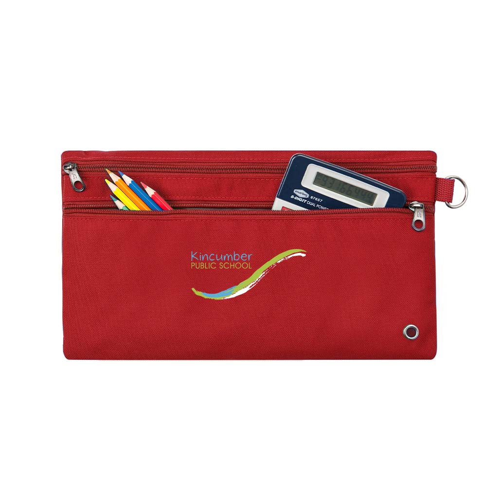 Harlequin red pencil case front angle displaying two zip compartments and D-ring with Kincumber Public School logo