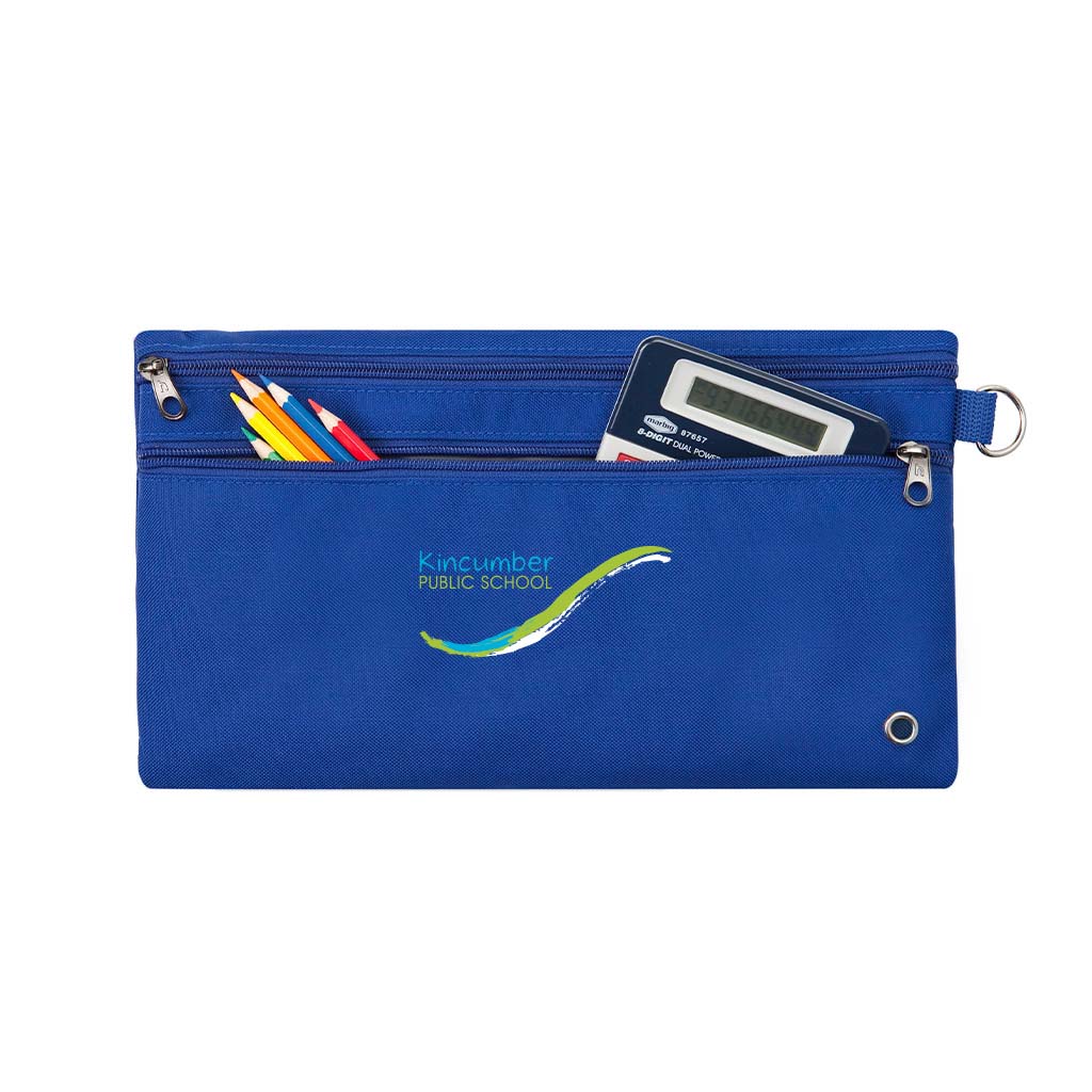 Harlequin royal pencil case front angle displaying two zip compartments and D-ring with Kincumber Public School logo