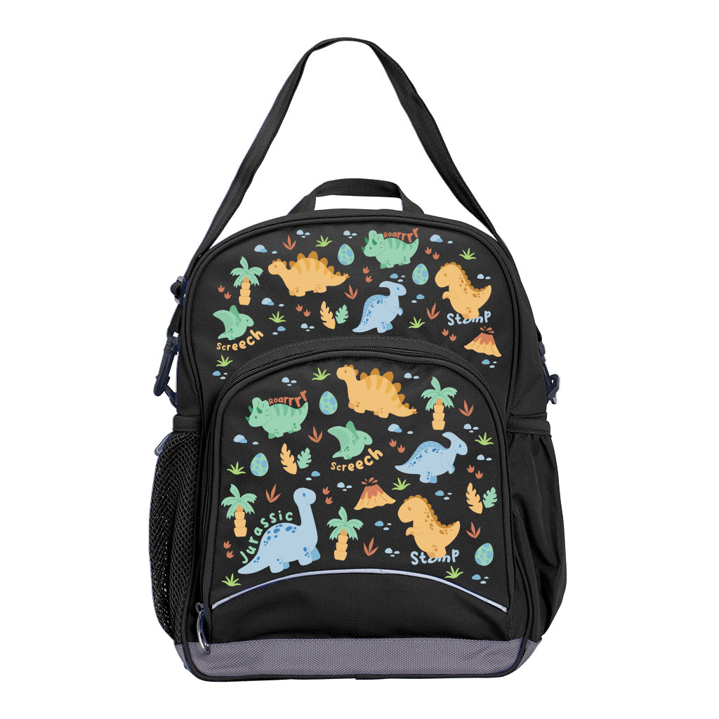 Harlequin Kindy Tuff-Pack in Black. Front view showing a small front pocket with the Jurassic design from the Harlequin Creatix signature series.
