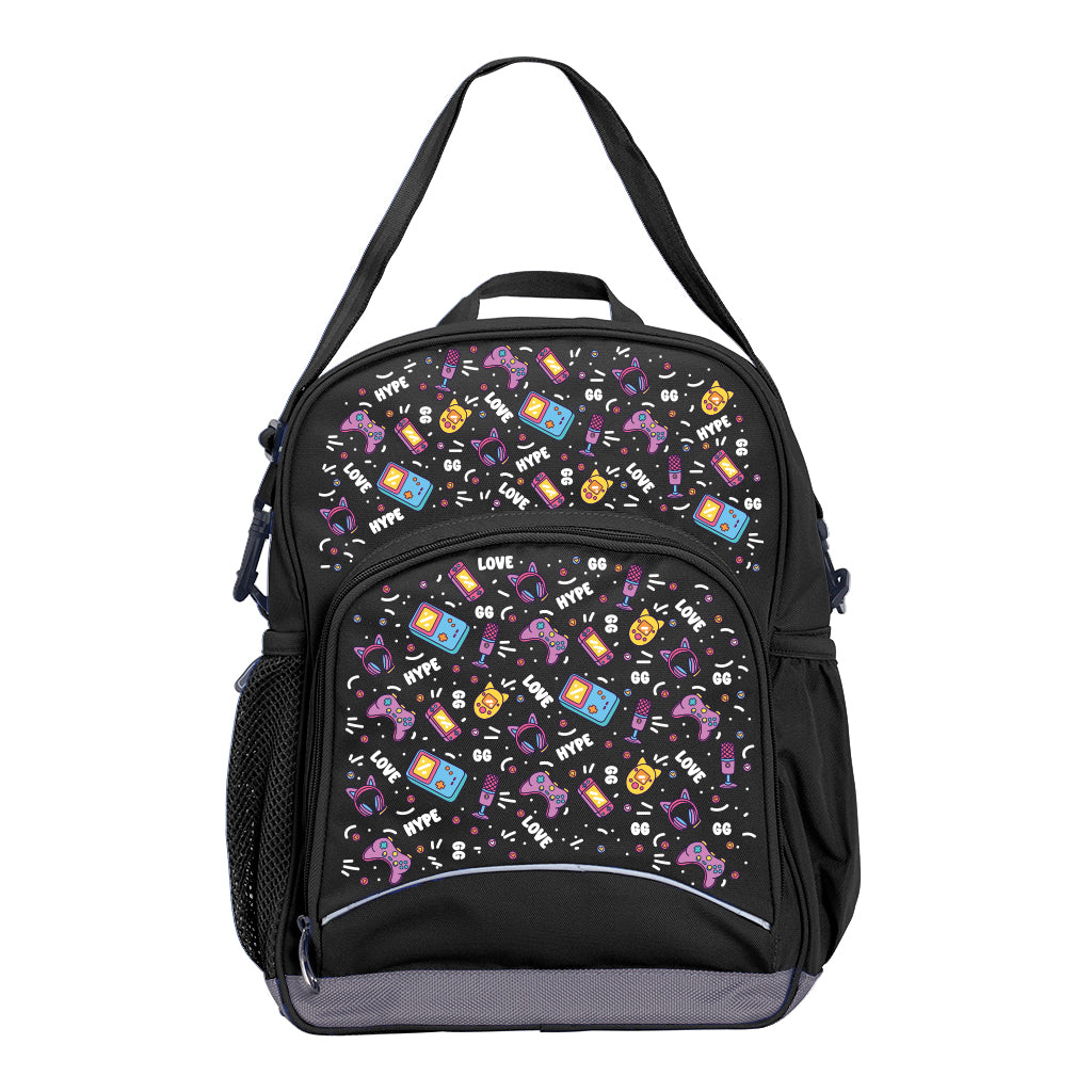 Harlequin Kindy Tuff-Pack in Black. Front view showing a small front pocket with the Pixel Chick design from the Harlequin Creatix signature series.