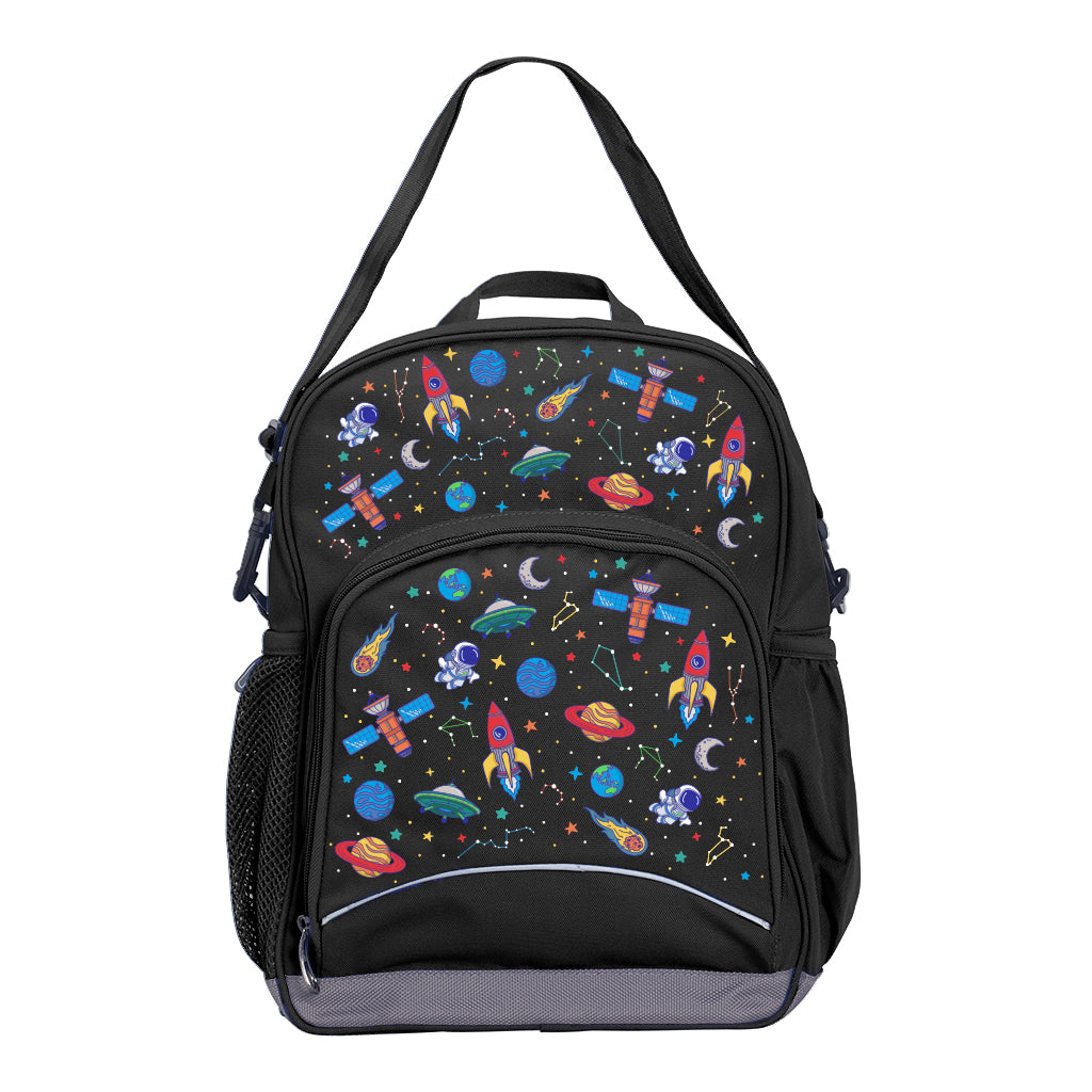 Black Kindy Tuff-Pack front view showing a small front pocket with the Galaxy Boy design from the Harlequin Creatix signature series.