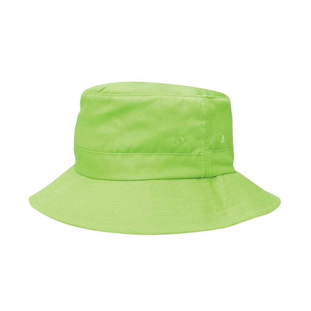 Harlequin lime green kindy bucket hat displaying a soft cotton with a wide downwards sloping brim