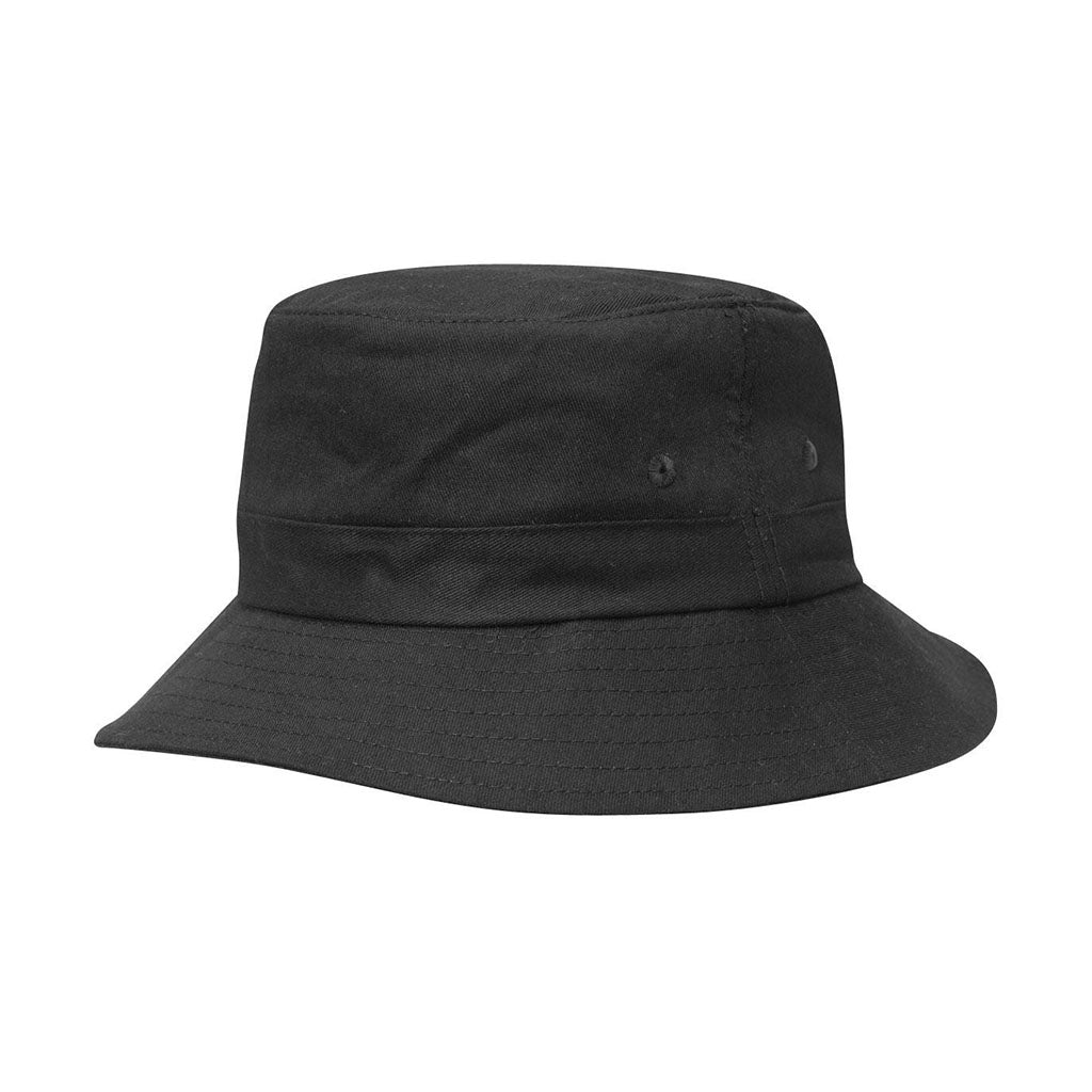Harlequin black kindy bucket hat displaying a soft cotton with a wide downwards sloping brim