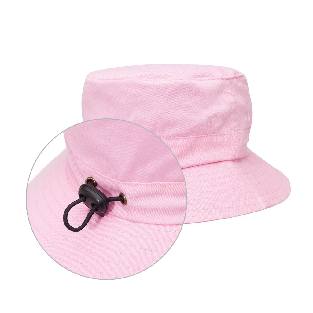 Harlequin pink bucket hat displaying a drawstring elastic at the back of the hat