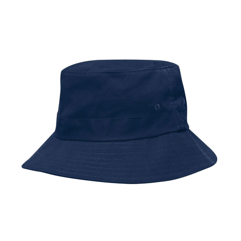 Harlequin navy kindy bucket hat displaying a soft cotton with a wide downwards sloping brim