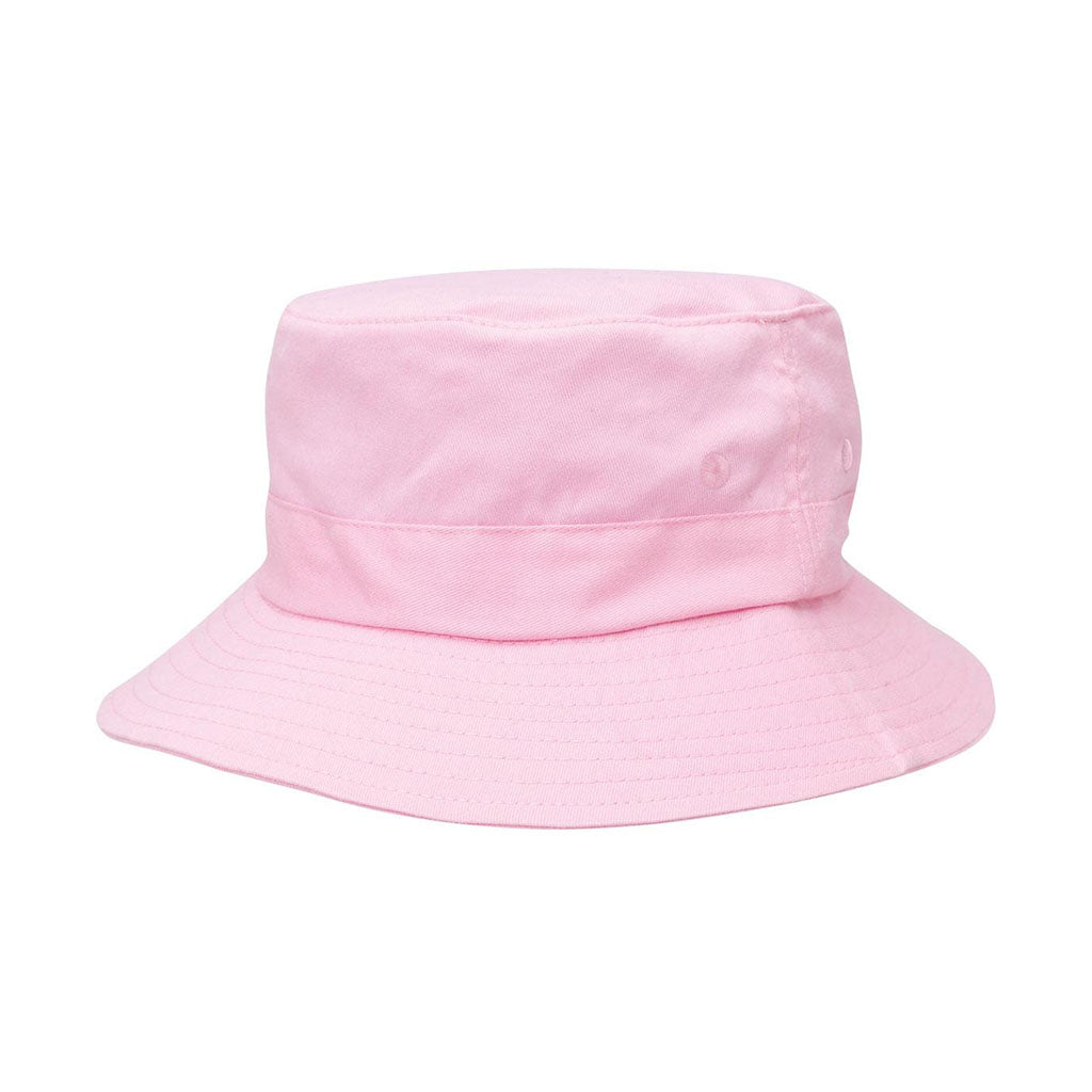 Harlequin pink kindy bucket hat displaying a soft cotton with a wide downwards sloping brim
