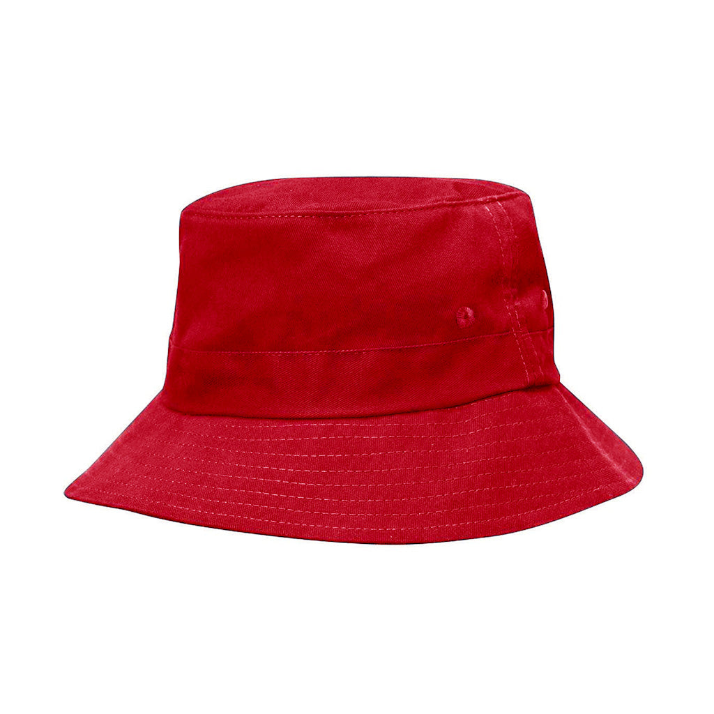 Harlequin red kindy bucket hat displaying a soft cotton with a wide downwards sloping brim