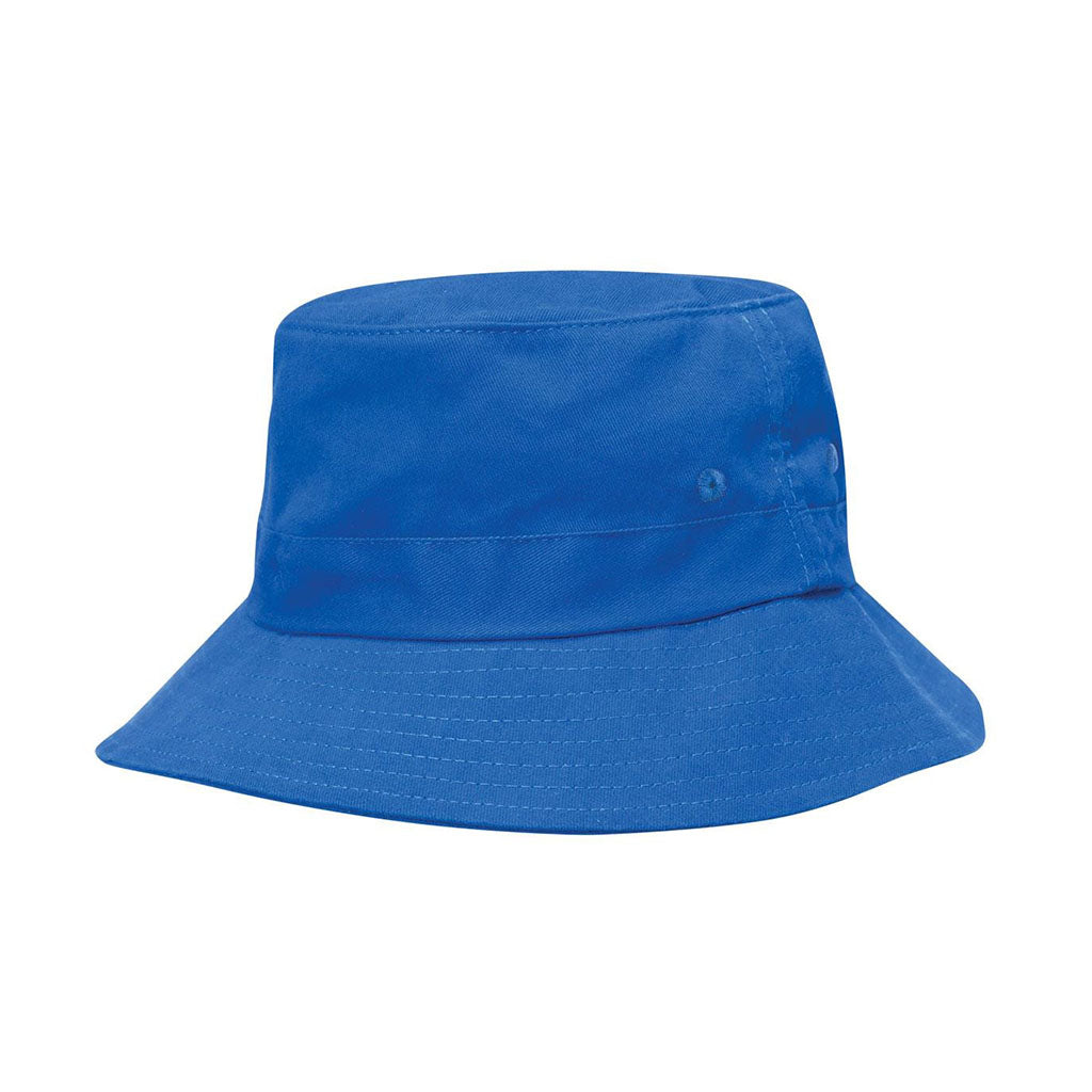 Harlequin royal kindy bucket hat displaying a soft cotton with a wide downwards sloping brim