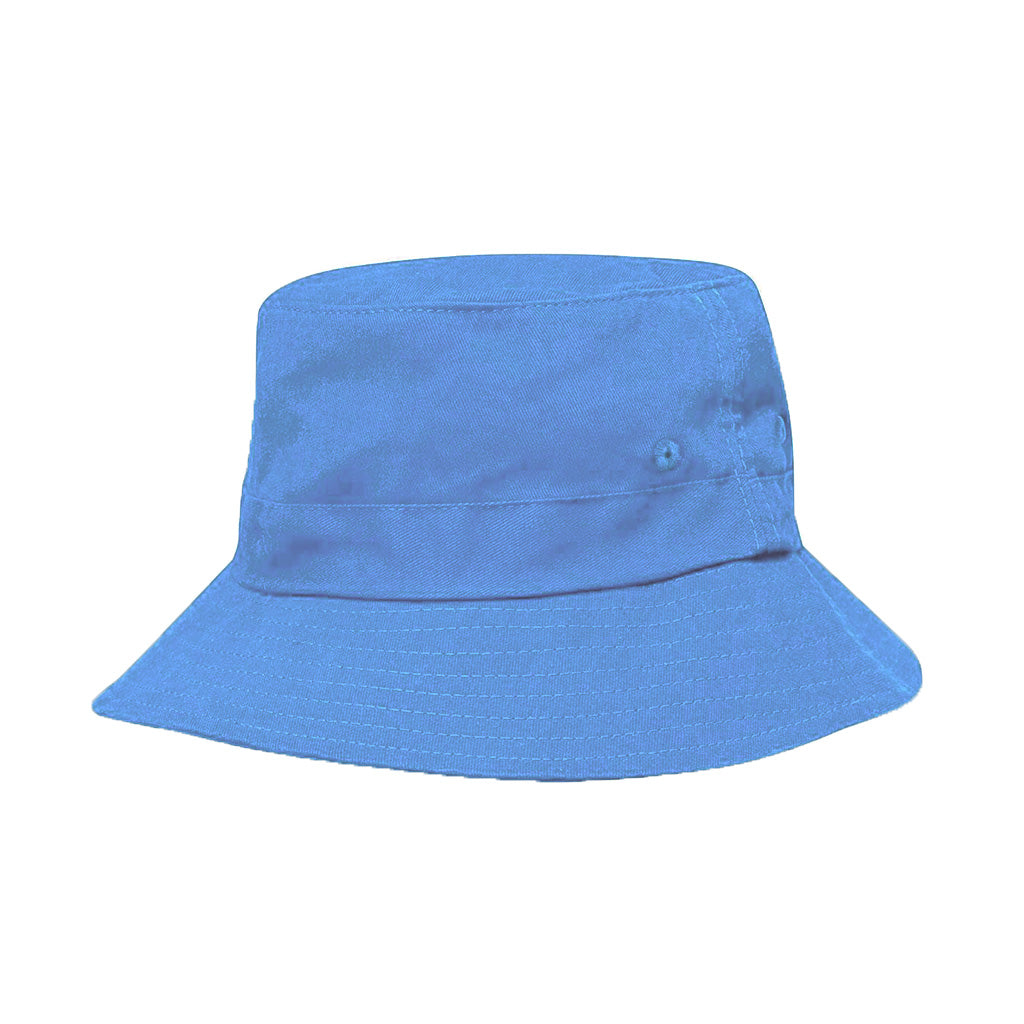 Harlequin sky blue kindy bucket hat displaying a soft cotton with a wide downwards sloping brim