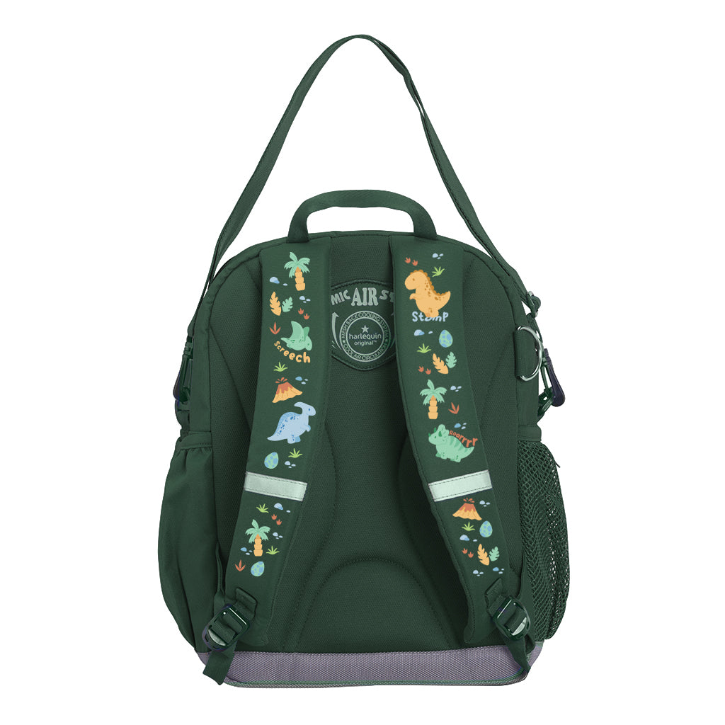 Harlequin Kindy Tuff-Pack in Green with Jurassic design from the Harlequin Creatix Signature Series. Back view showcasing parent strap, padded shoulder straps, and Reinforced D-Ring holder.