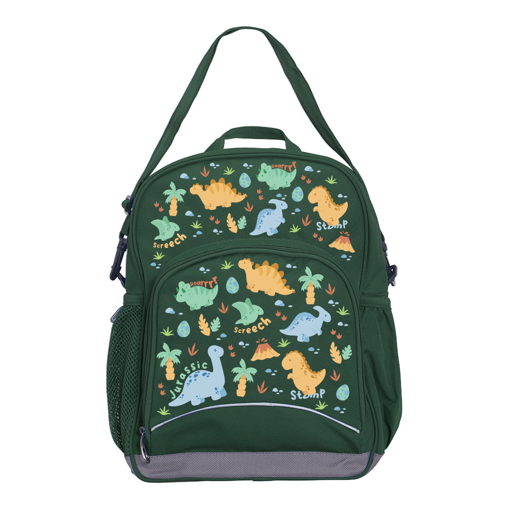 Harlequin Kindy Tuff-Pack in Green. Front view showing a small front pocket with the Jurassic design from the Harlequin Creatix signature series.