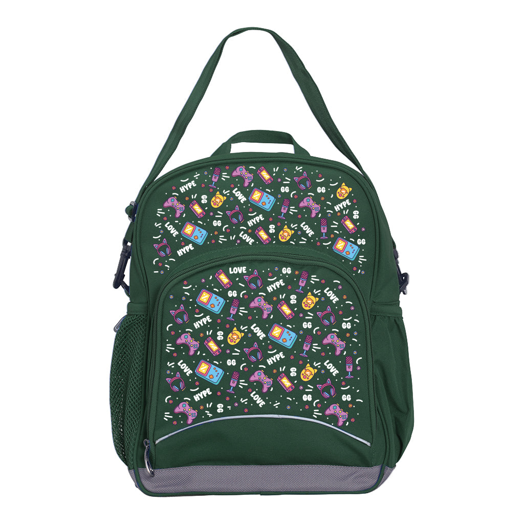Harlequin Kindy Tuff-Pack in Green. Front view showing a small front pocket with the Pixel Chick design from the Harlequin Creatix signature series.