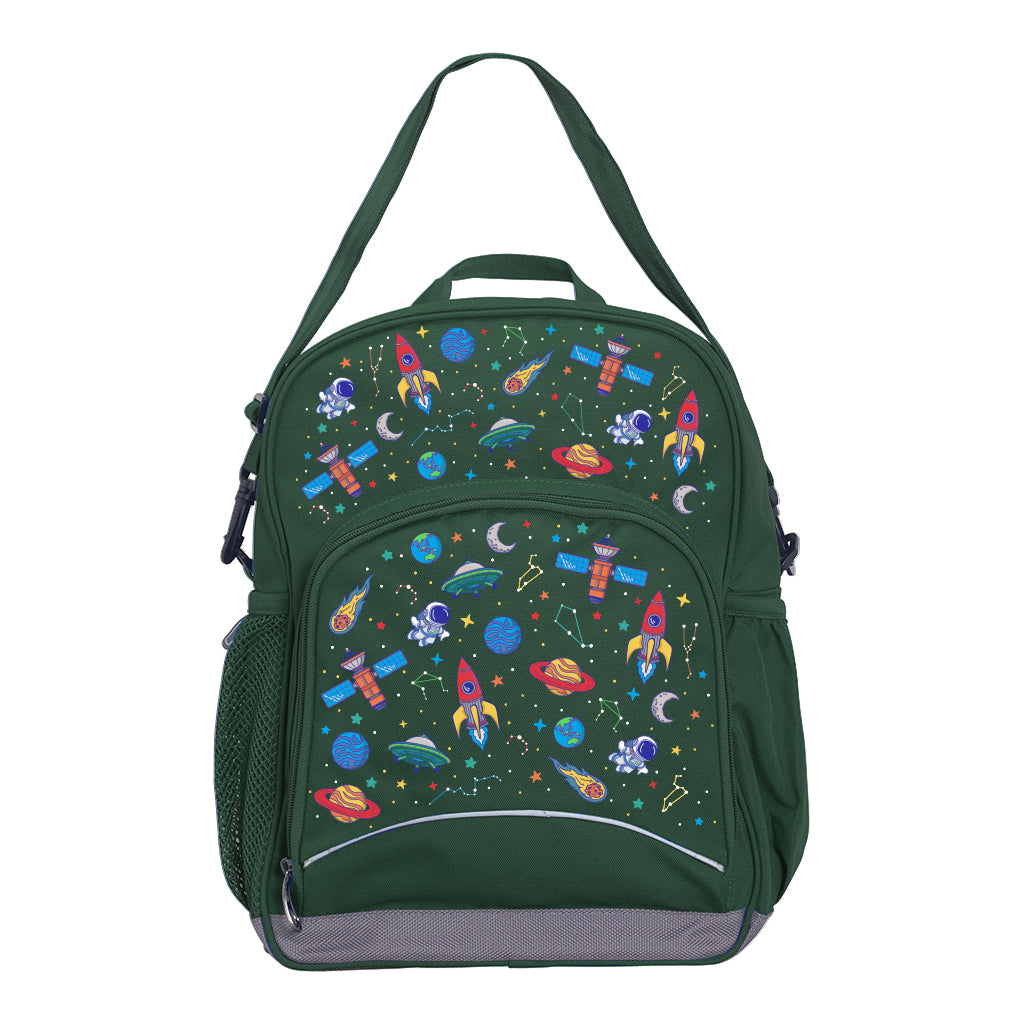 Bottle Green Kindy Tuff-Pack front view showing a small front pocket with the Galaxy Boy design from the Harlequin Creatix signature series.