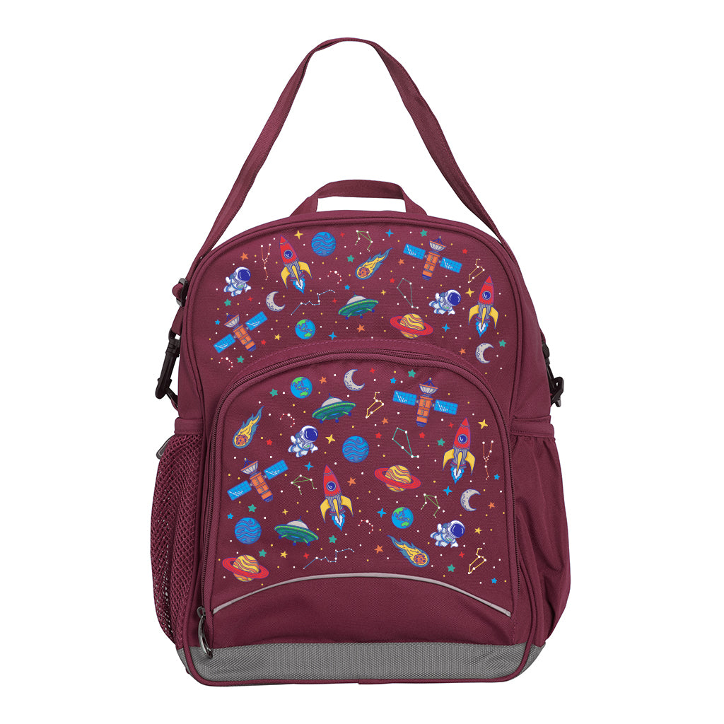 Maroon Kindy Tuff-Pack front view showing a small front pocket with the Galaxy Boy design from the Harlequin Creatix signature series.