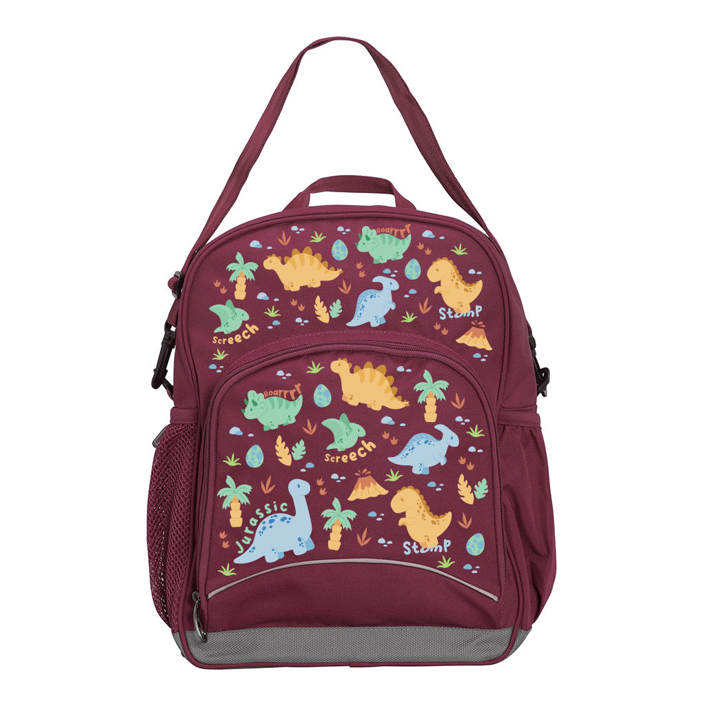 Harlequin Kindy Tuff-Pack in Maroon. Front view showing a small front pocket with the Jurassic design from the Harlequin Creatix signature series.