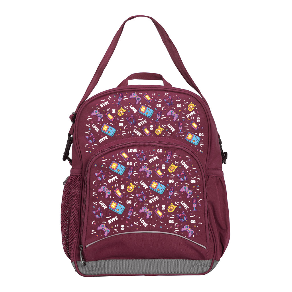 Harlequin Kindy Tuff-Pack in Maroon. Front view showing a small front pocket with the Pixel Chick design from the Harlequin Creatix signature series.