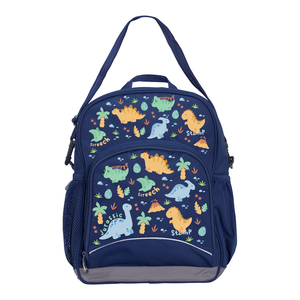 Harlequin Kindy Tuff-Pack in Navy. Front view showing a small front pocket with the Jurassic design from the Harlequin Creatix signature series.