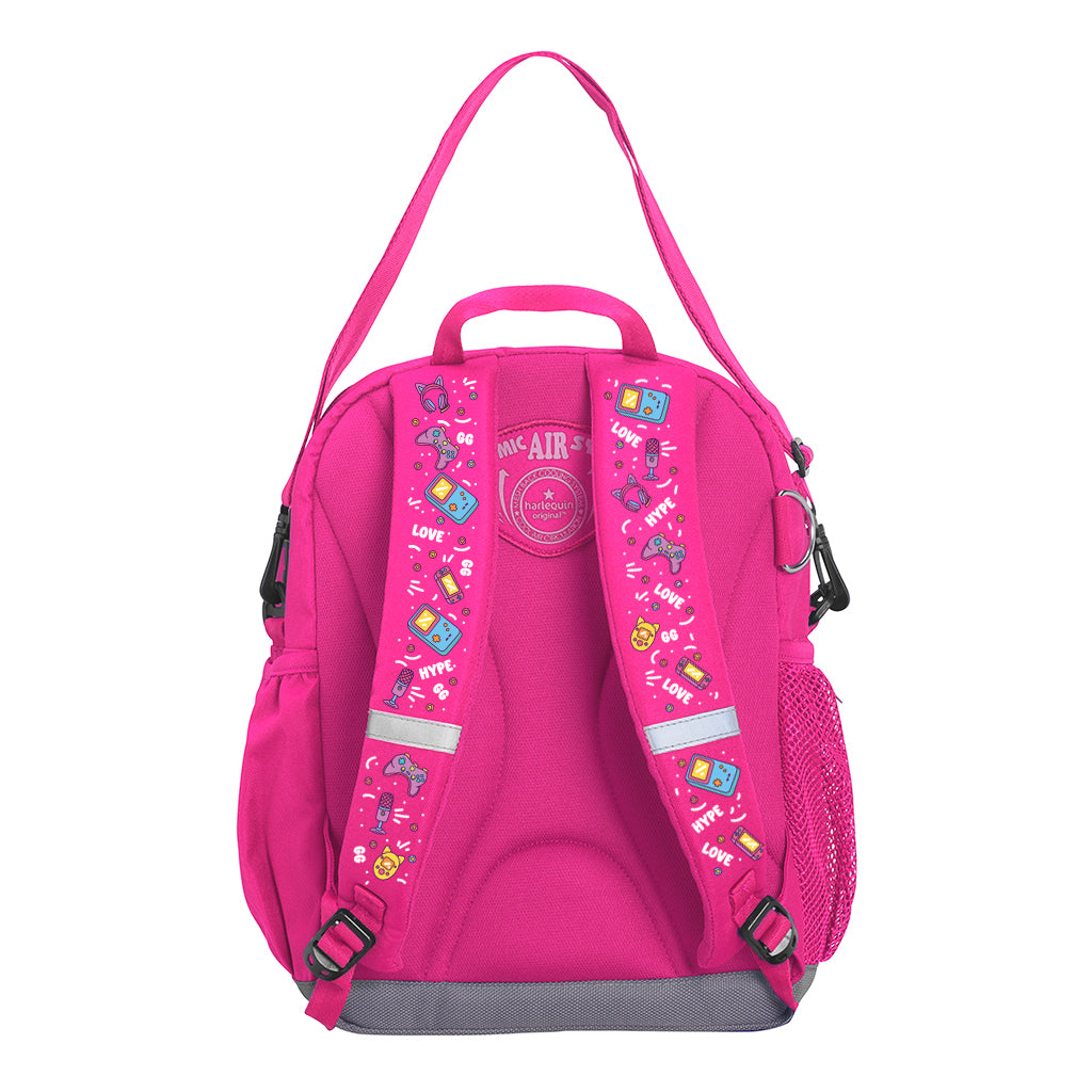 Harlequin Kindy Tuff-Pack in Pink with Pixel Chick design from the Harlequin Creatix Signature Series. Back view showcasing parent strap, padded shoulder straps, and Reinforced D-Ring holder.