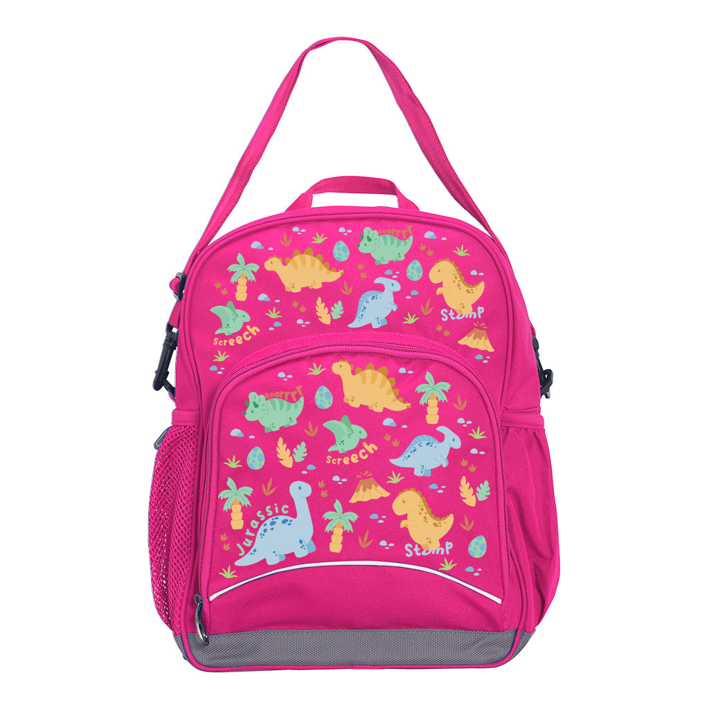 Harlequin Kindy Tuff-Pack in Pink. Front view showing a small front pocket with the Jurassic design from the Harlequin Creatix signature series.
