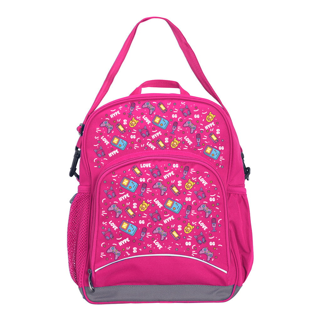 Harlequin Kindy Tuff-Pack in Pink. Front view showing a small front pocket with the Pixel Chick design from the Harlequin Creatix signature series.