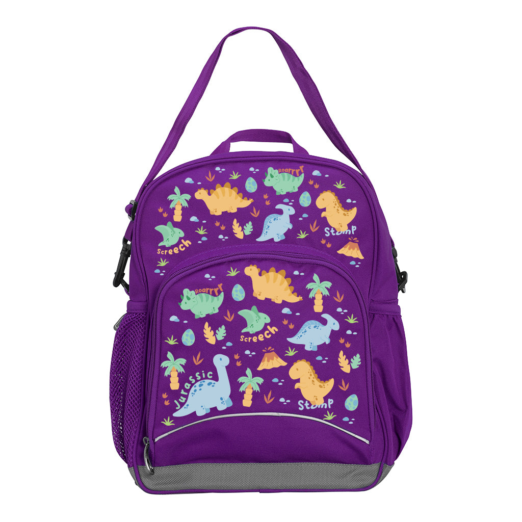 Harlequin Kindy Tuff-Pack in Purple. Front view showing a small front pocket with the Jurassic design from the Harlequin Creatix signature series.