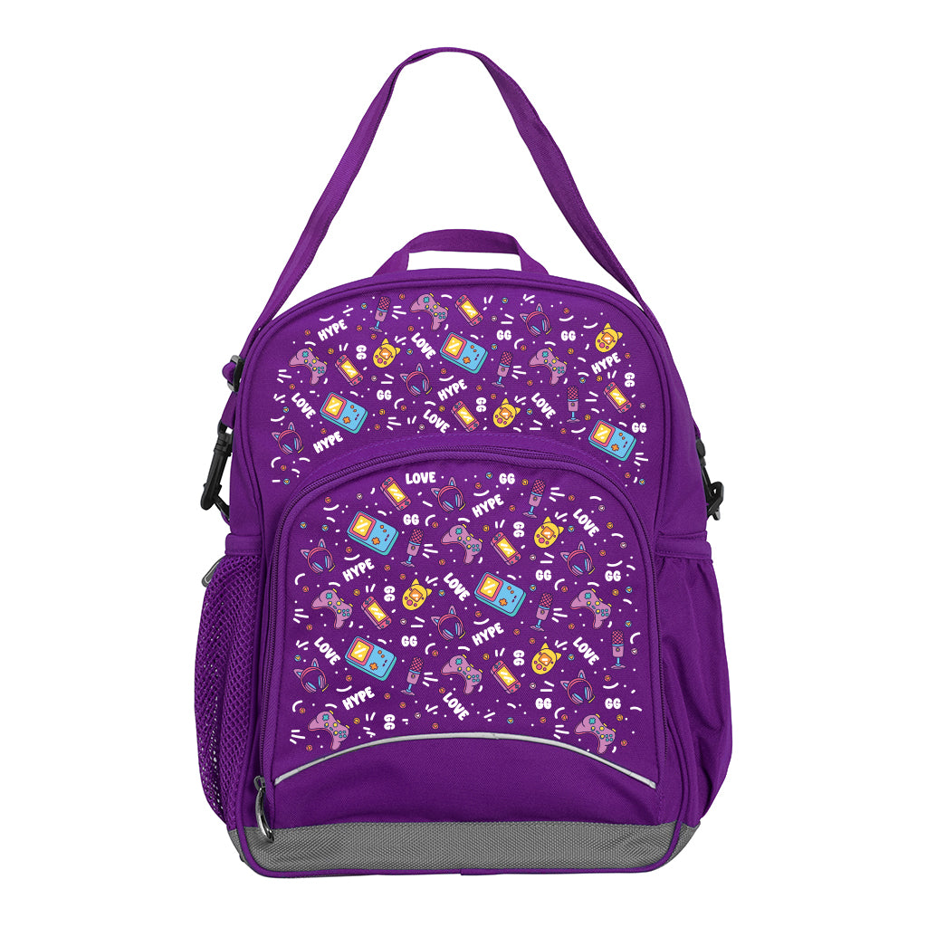 Harlequin Kindy Tuff-Pack in Purple. Front view showing a small front pocket with the Pixel Chick design from the Harlequin Creatix signature series.