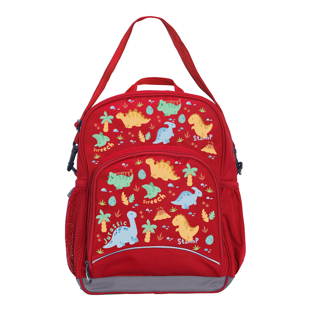 Harlequin Kindy Tuff-Pack in Red. Front view showing a small front pocket with the Jurassic design from the Harlequin Creatix signature series.