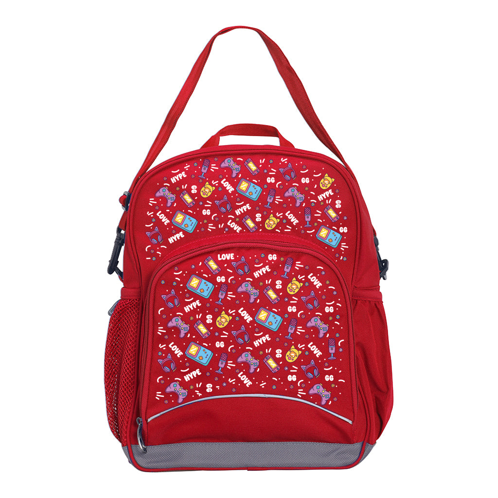 Harlequin Kindy Tuff-Pack in Red. Front view showing a small front pocket with the Pixel Chick design from the Harlequin Creatix signature series.
