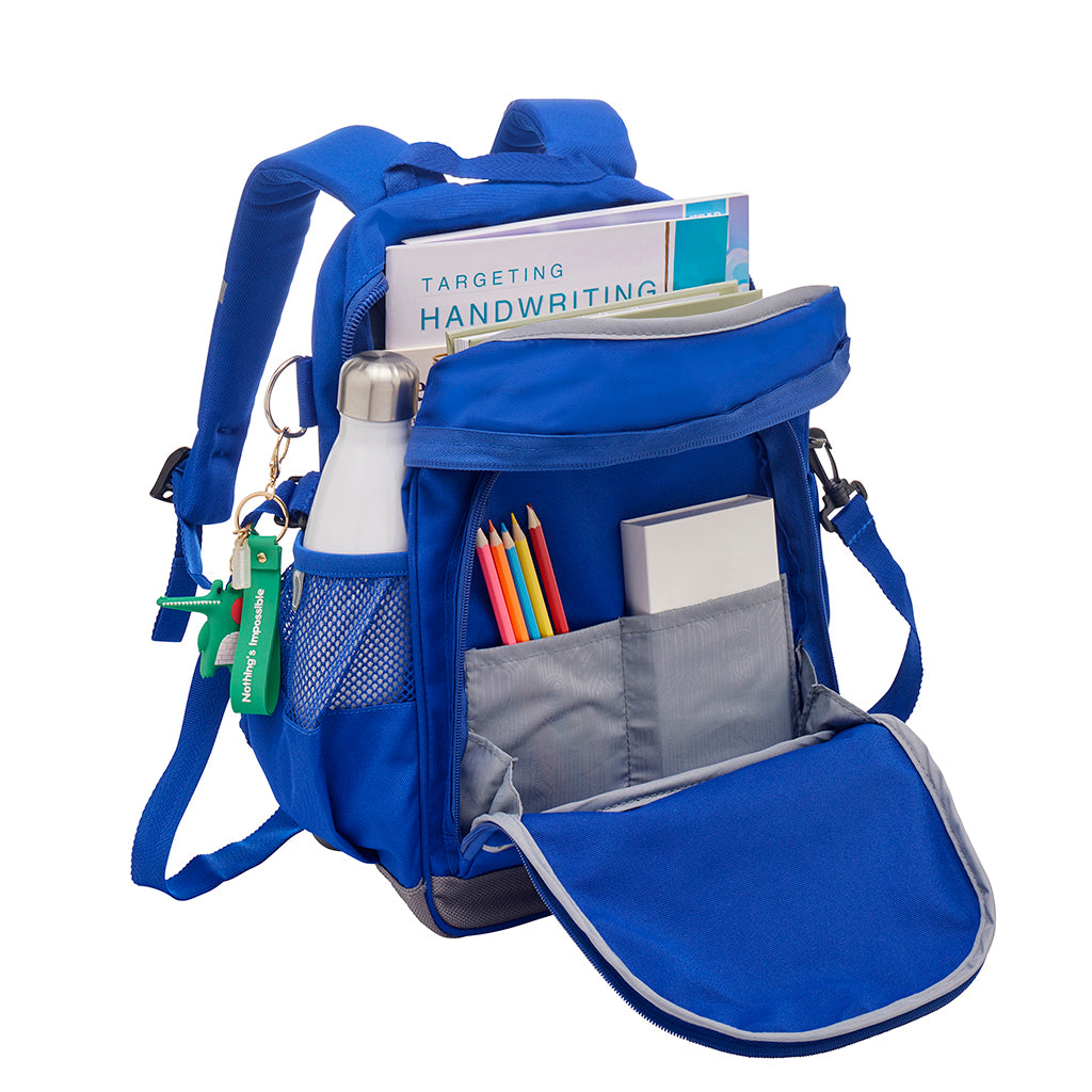 Harlequin Kindy Tuff-Pack Backpack in royal, front side angle open, padded shoulder straps, top zipper compartment, front zipper pocket and mesh water bottle holder