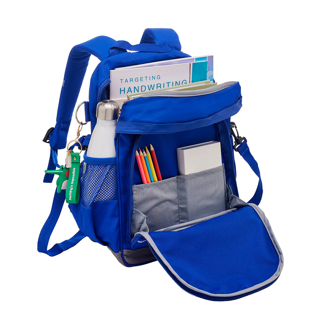 Royal Blue Kindy Backpack side view with drink bottle holder, parent carrying strap and D ring key chain holder