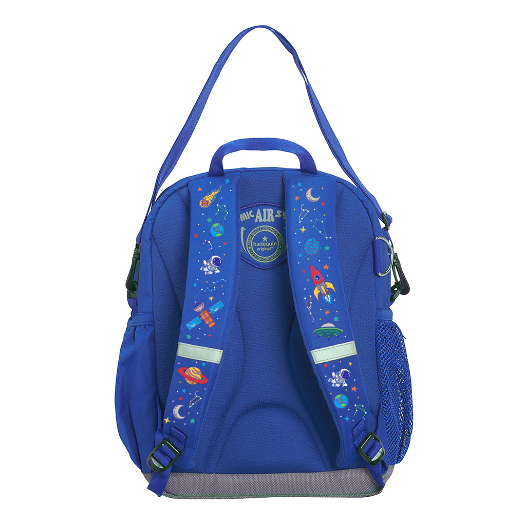 Harlequin Kindy Tuff-Pack in royal blue with Galaxy Boy design from the Harlequin Creatix Signature Series. Back view showcasing parent strap, padded shoulder straps, and Reinforced D-Ring holder.