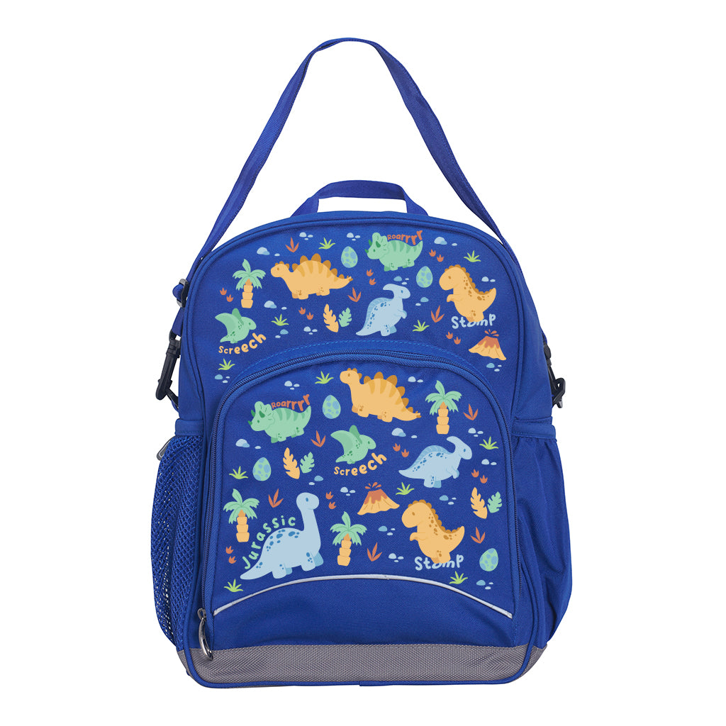 Harlequin Kindy Tuff-Pack in Royal Blue. Front view showing a small front pocket with the Jurassic design from the Harlequin Creatix signature series.