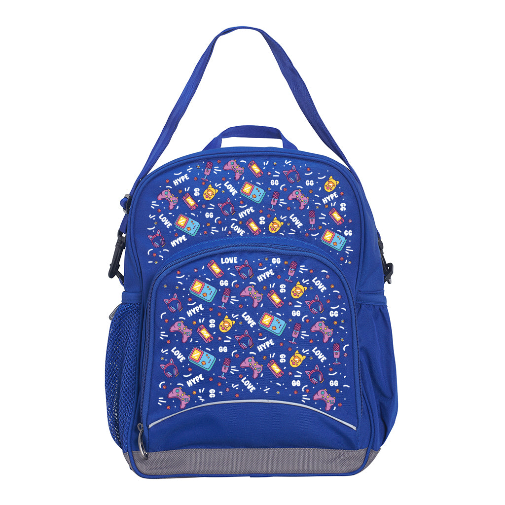 Harlequin Kindy Tuff-Pack in Royal Blue. Front view showing a small front pocket with the Pixel Chick design from the Harlequin Creatix signature series.
