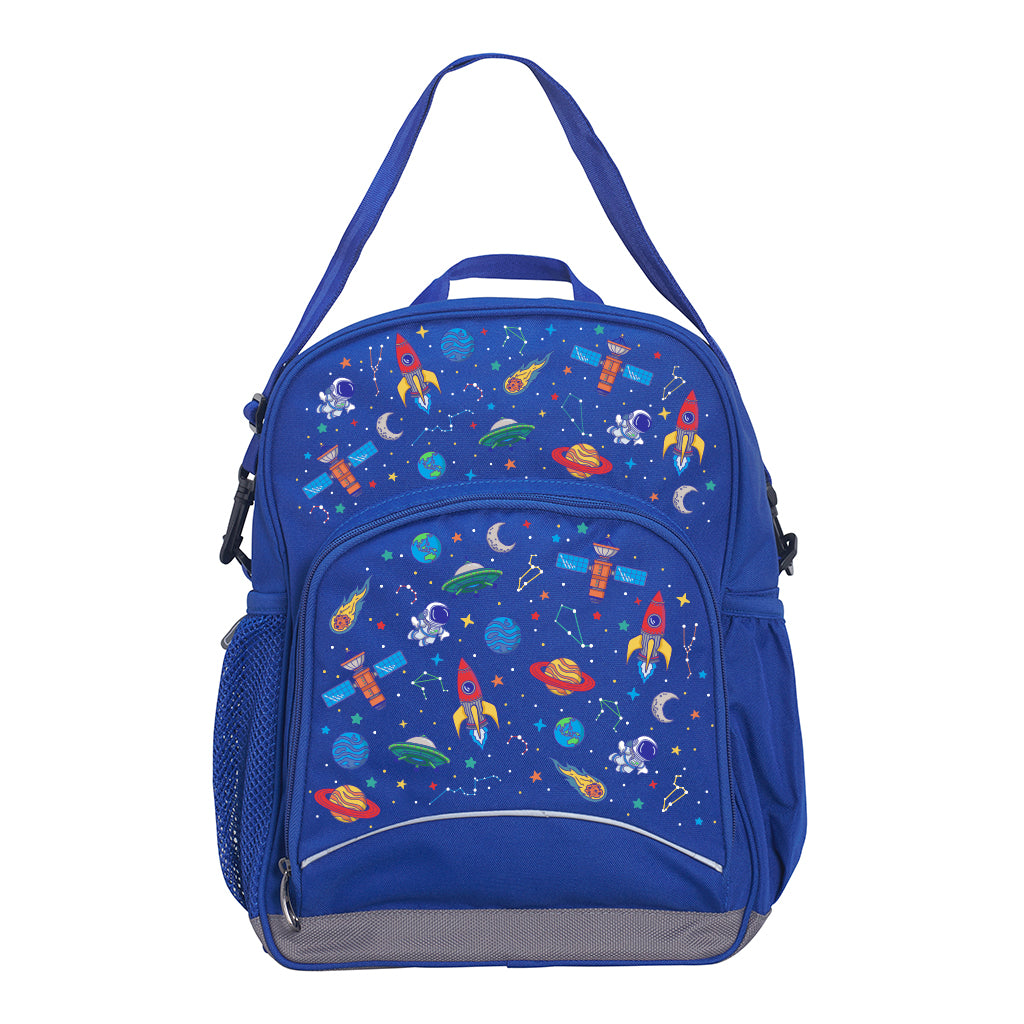 Royal Blue Kindy Tuff-Pack front view showing a small front pocket with the Galaxy Boy design from the Harlequin Creatix signature series.