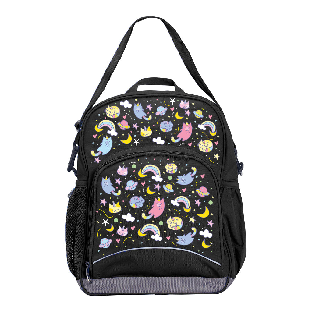 Harlequin Kindy Tuff-Pack Junior Backpack in Black featuring Kittycorn design from the Harlequin Creatix signature series. Angled view showing front pocket, drink bottle pocket, and ergonomic shoulder strap.