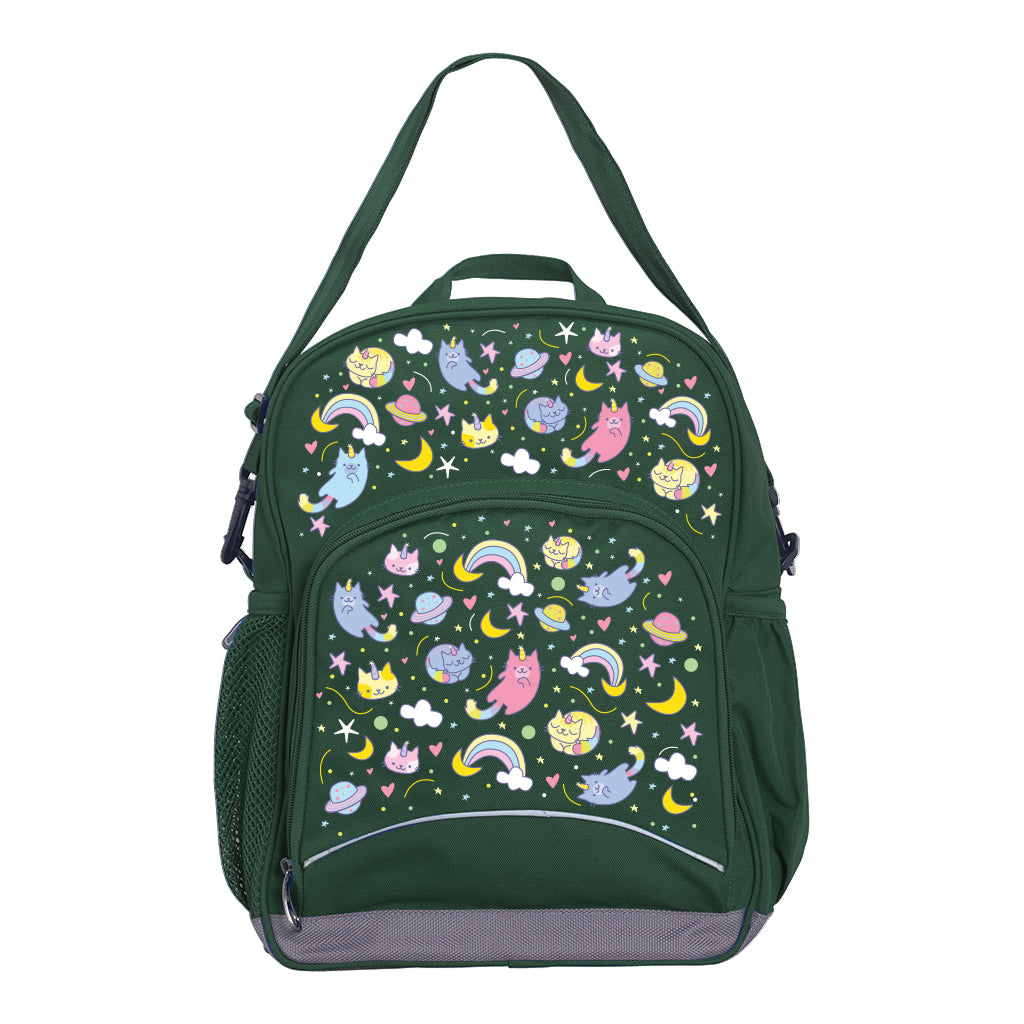 Harlequin Kindy Tuff-Pack Junior Backpack in Green featuring Kittycorn design from the Harlequin Creatix signature series. Angled view showing front pocket, drink bottle pocket, and ergonomic shoulder strap.