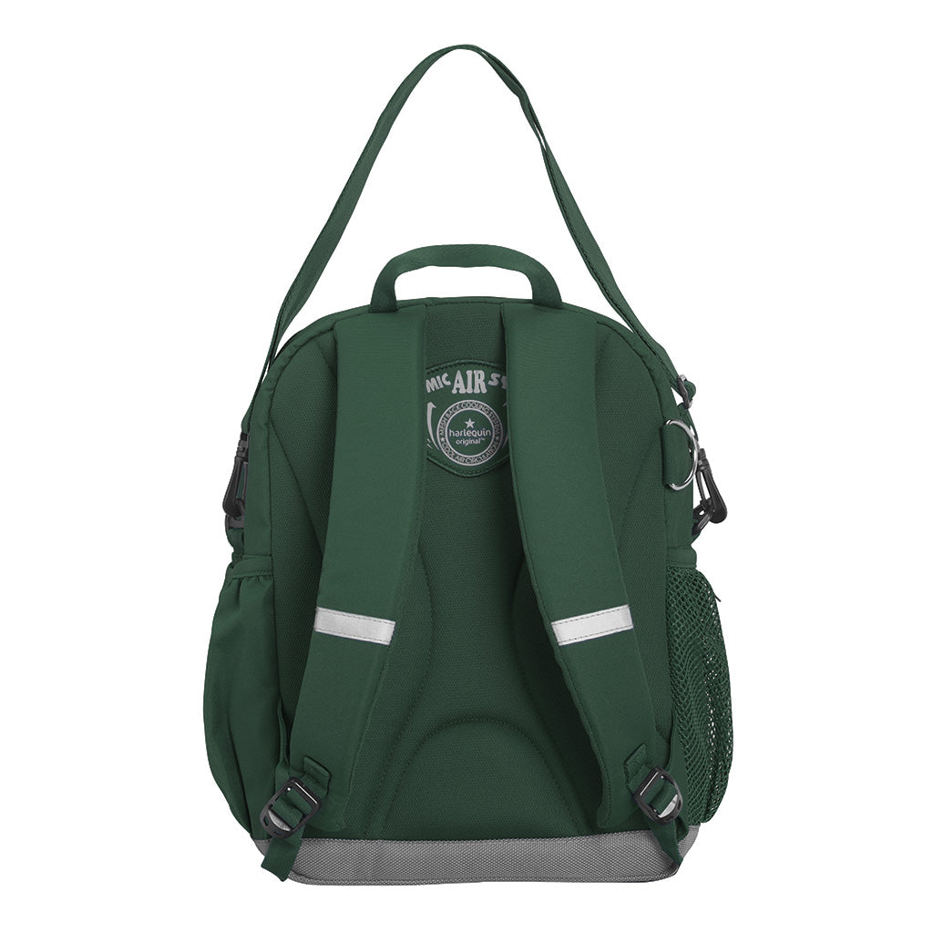 Bottle Green Kindy Bag back view with shoulder straps and parent carrying strap