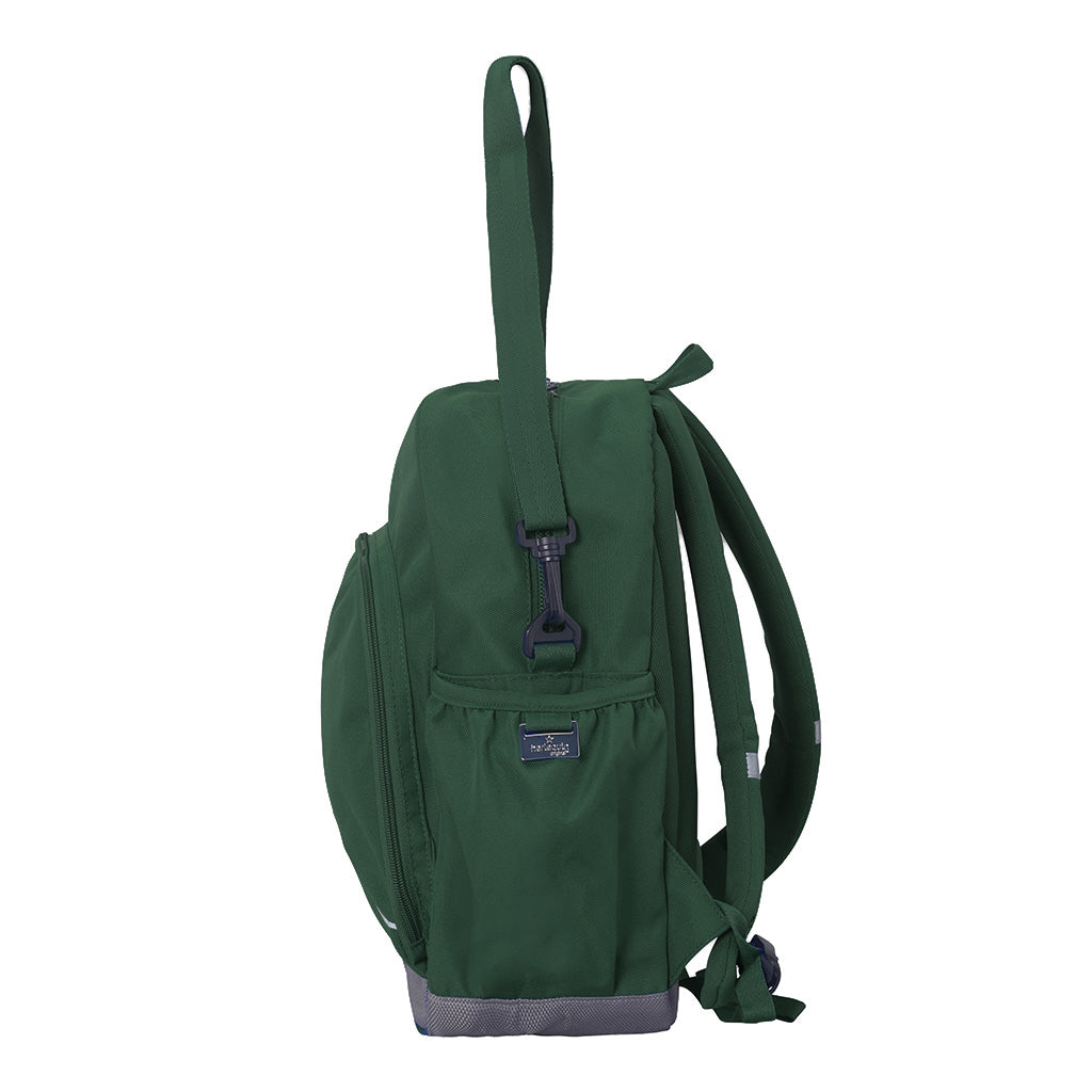 Green Kindy backpack side view with additional side pocket