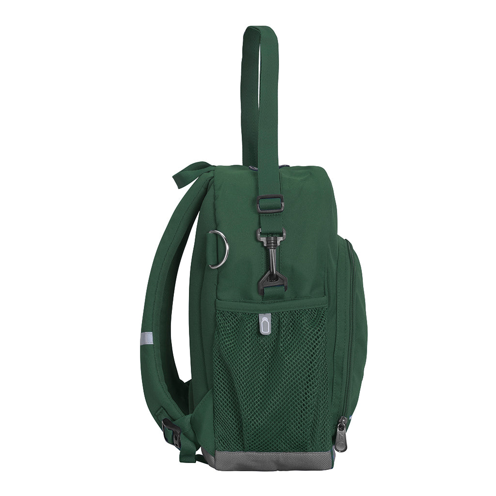 Green Kindy Backpack side view with drink bottle holder, parent carrying strap and D ring key chain holder