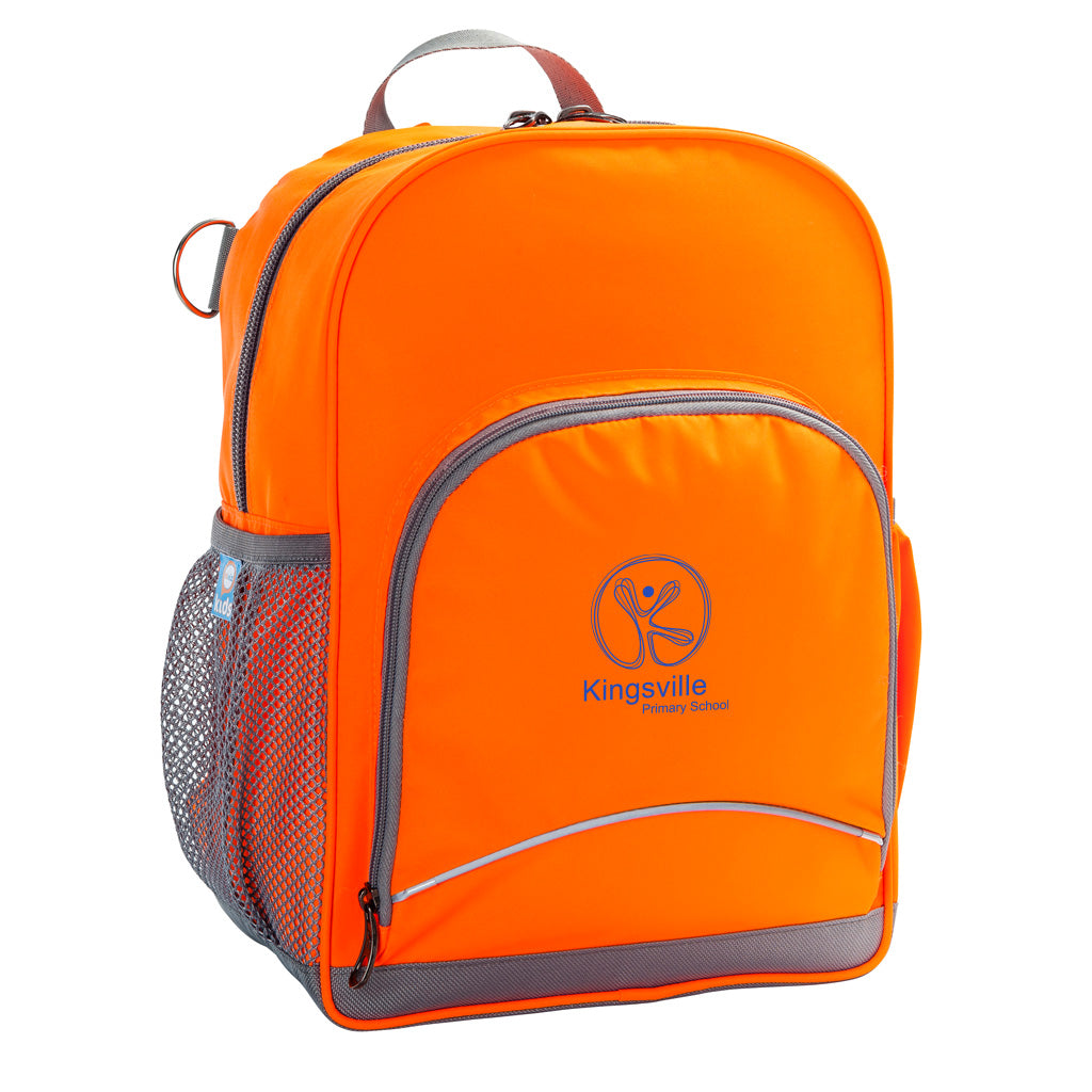 Kingsville Primary School front angle view of the Kindy Backpack in colour Hi-Viz Orange featuring a small front pocket, spacious main compartment with D-ring keychain, detachable shoulder strap, mesh water bottle pocket, and reflective piping for visibility