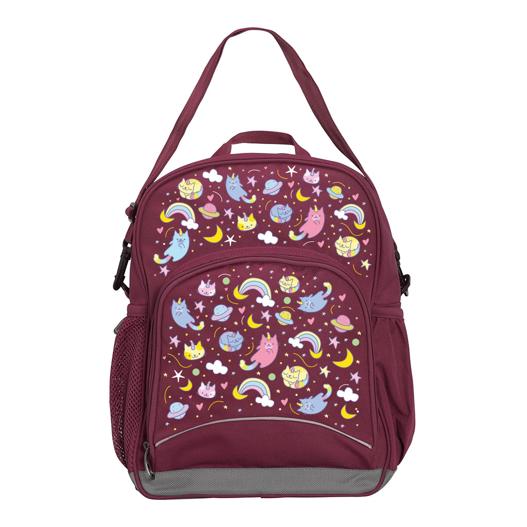 Harlequin Kindy Tuff-Pack Junior Backpack in Maroon featuring Kittycorn design from the Harlequin Creatix signature series. Angled view showing front pocket, drink bottle pocket, and ergonomic shoulder strap.