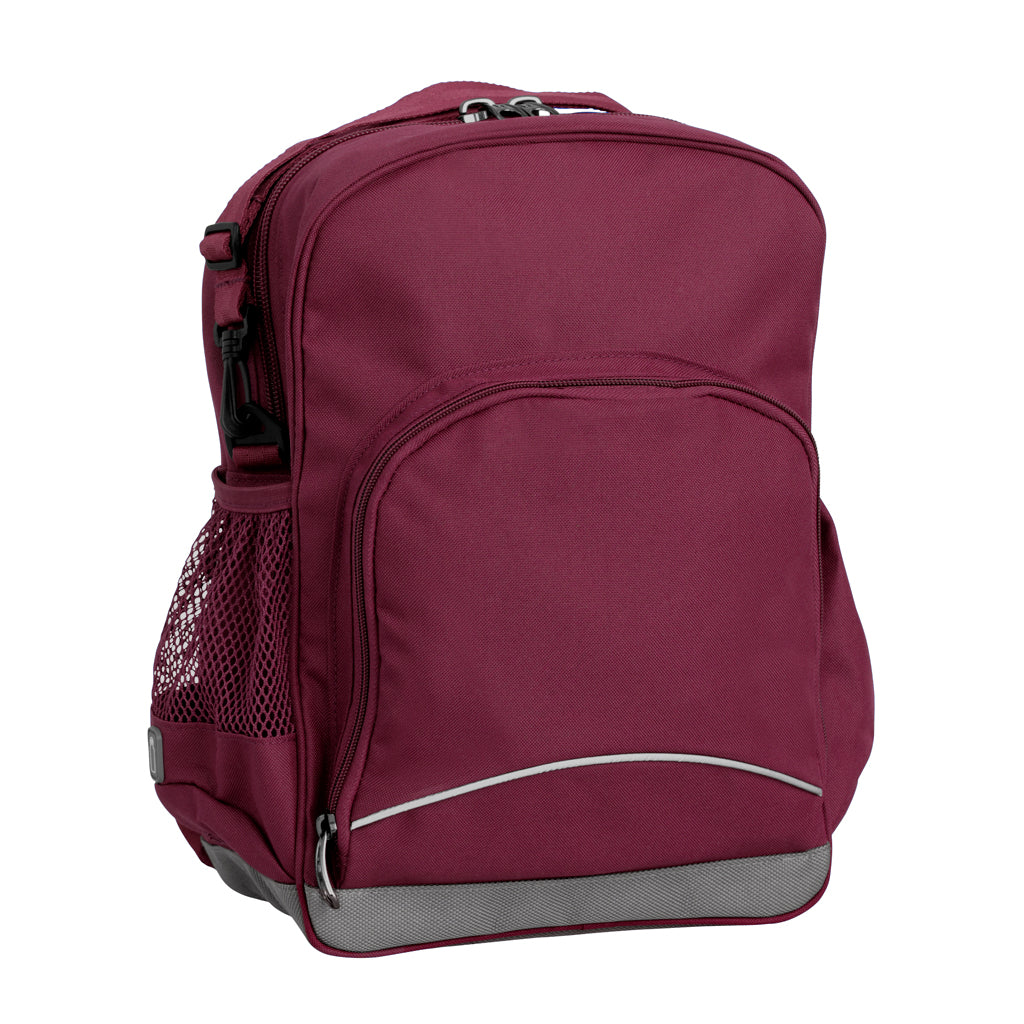 Maroon Kindy Tuff-Pack front angle view showing a small front pocket