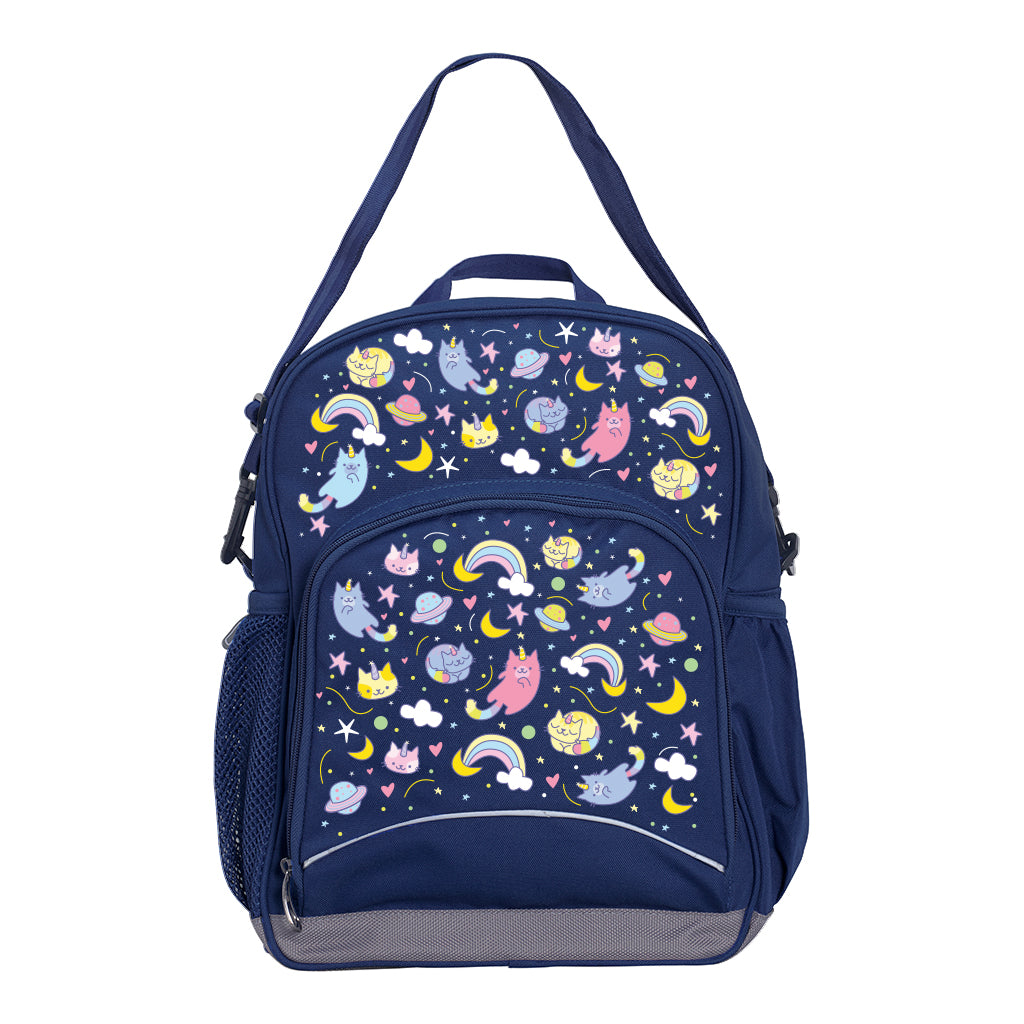 Harlequin Kindy Tuff-Pack Junior Backpack in Navy featuring Kittycorn design from the Harlequin Creatix signature series. Angled view showing front pocket, drink bottle pocket, and ergonomic shoulder strap.