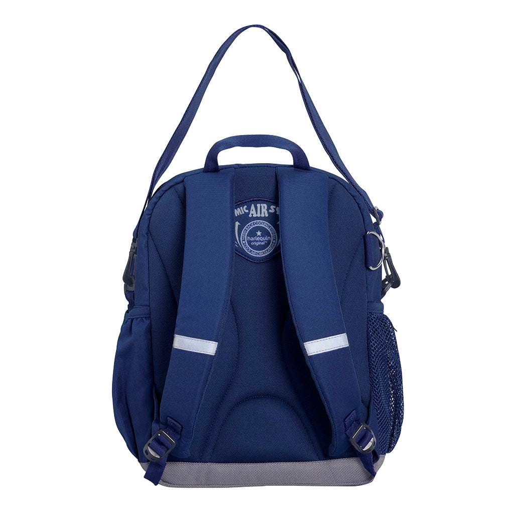 Navy Kindy Bag back view with shoulder straps and parent carrying strap