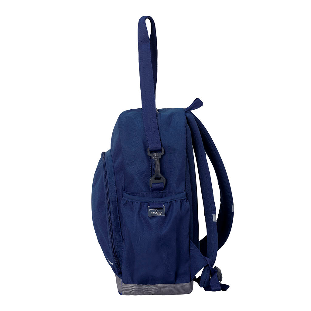 Navy Kindy backpack side view with additional side pocket and parent carrying strap