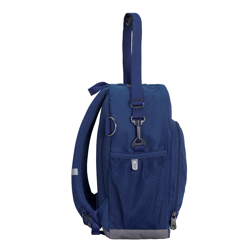 Navy Kindy Backpack side view with drink bottle holder, parent carrying strap and D ring key chain holder