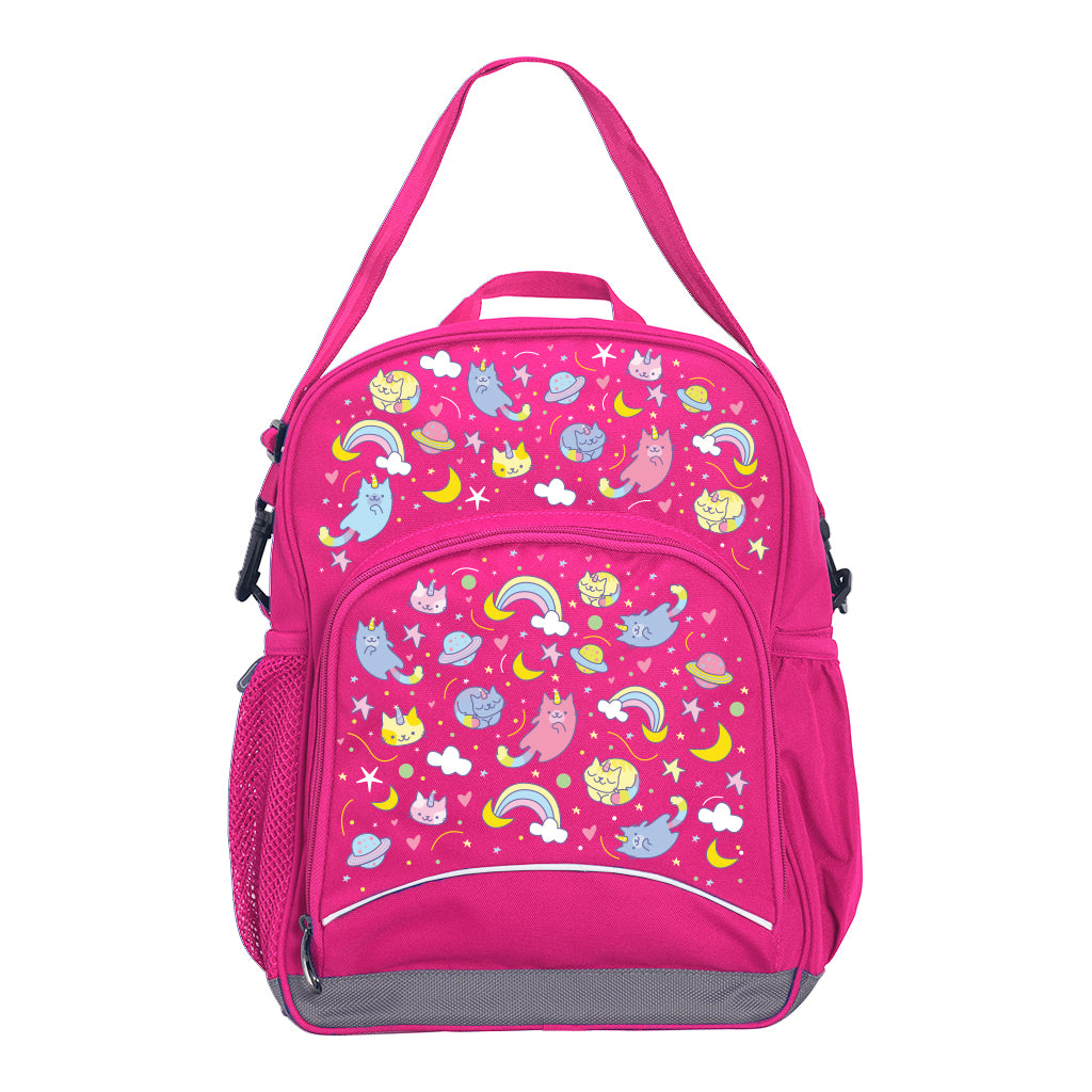 Harlequin Kindy Tuff-Pack Junior Backpack in Pink featuring Kittycorn design from the Harlequin Creatix signature series. Angled view showing front pocket, drink bottle pocket, and ergonomic shoulder strap.