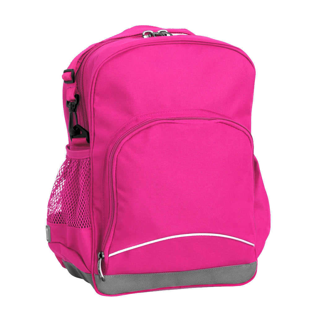 Hot pink Kindy Tuff-Pack front angle view showing a small front pocket